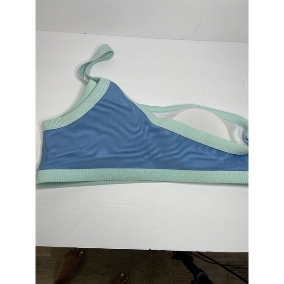 Blue Two Tone one shoulder bikini top Women's Large Ribbed Swim Suit - Picture 3 of 6